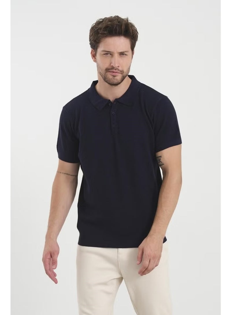 Odelon Men's Polo Neck Jacquard Knitwear T-Shirt Navy Blue - Image 1